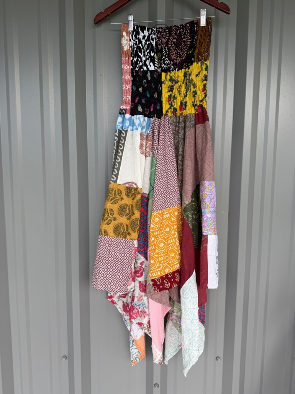 Ashley Taylor Patchwork Strapless Dress Boho Handkerchief Hem 100% Cotton
